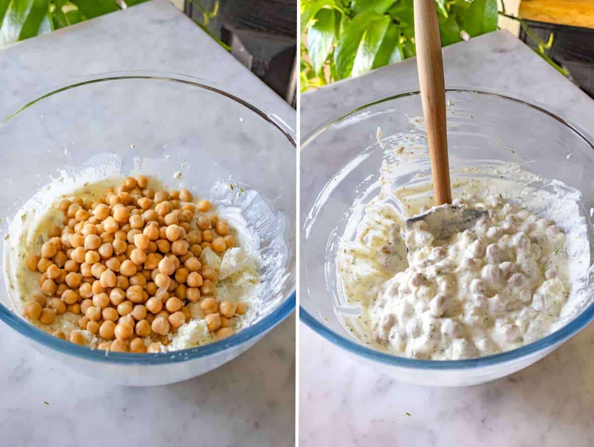 Chickpeas sitting in the creamy dressing, absorbing flavor.
