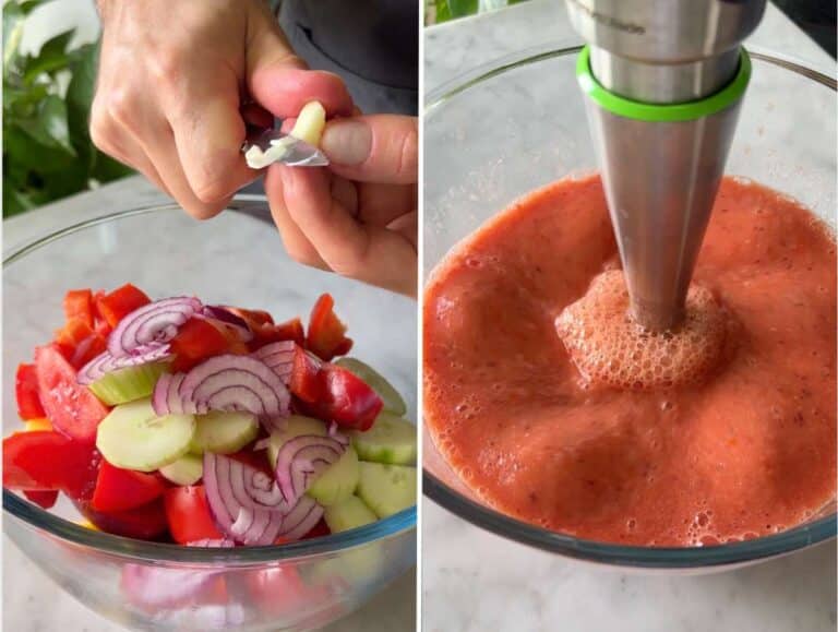 Chopped peaches, tomatoes, and veggies in a mixing bowl, ready to blend.