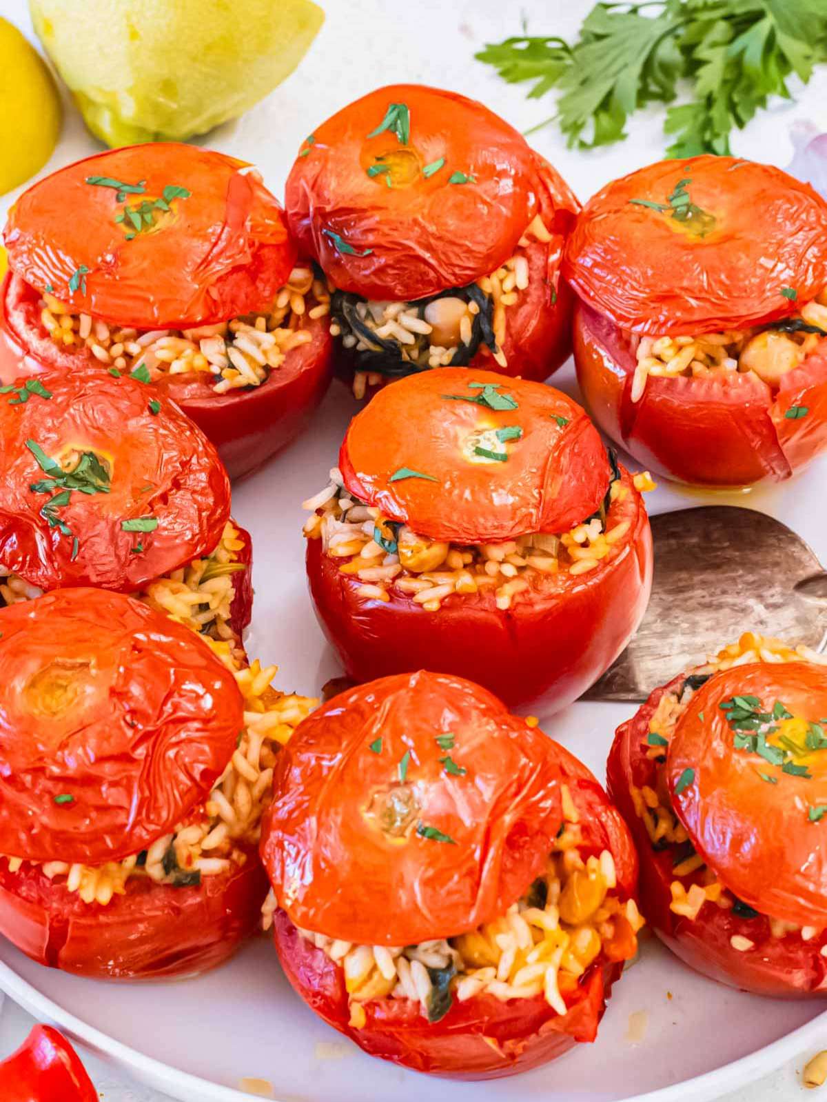 Close-up of stuffed tomatoes with rice, chickpeas, and herbs, served warm on a white plate.