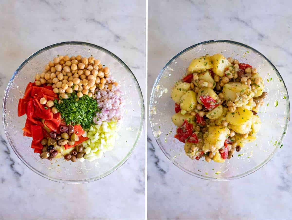 Combining chickpeas, olives, red onion, celery, and roasted red peppers with the dressed potatoes.