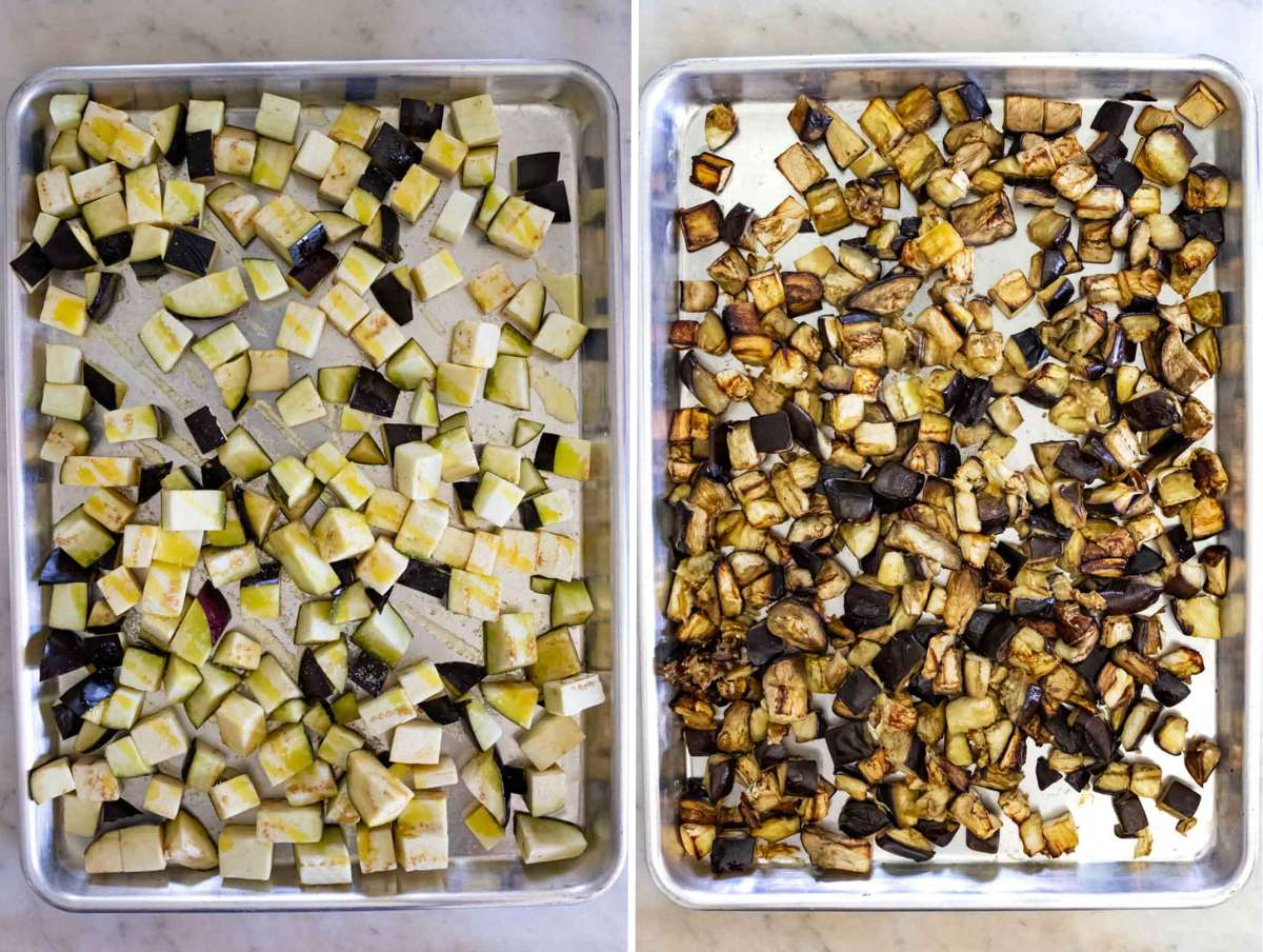Diced eggplant on a baking tray, seasoned beofre and after baking.