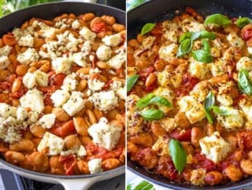 Final dish topped with marinated feta, lemon zest, and basil, ready to serve with crusty bread.