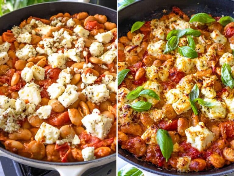 Final dish topped with marinated feta, lemon zest, and basil, ready to serve with crusty bread.