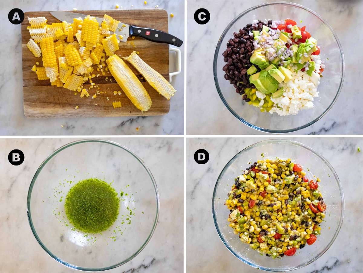 Four-step collage showing how to make corn salad.