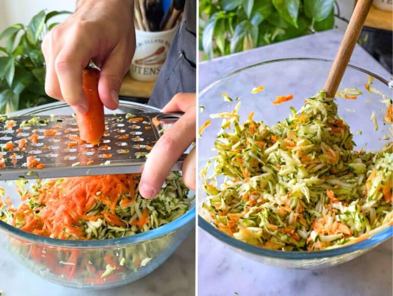 Grated zucchini and carrots in a bowl sprinkled with salt to release moisture.