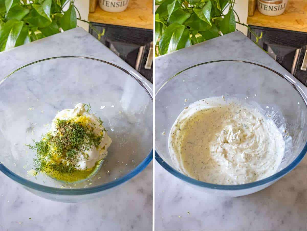 Greek yogurt dressing with herbs and lemon whisked in a mixing bowl.