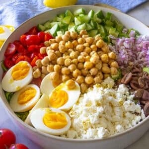 Mediterranean chopped salad in a bowl with feta.
