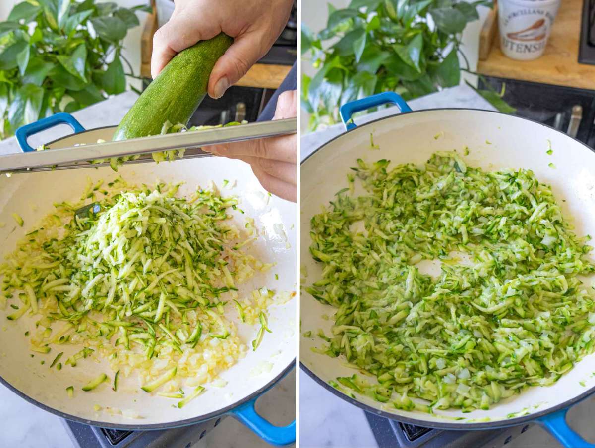 Onion and grated zucchini cooking in a skillet with olive oil.