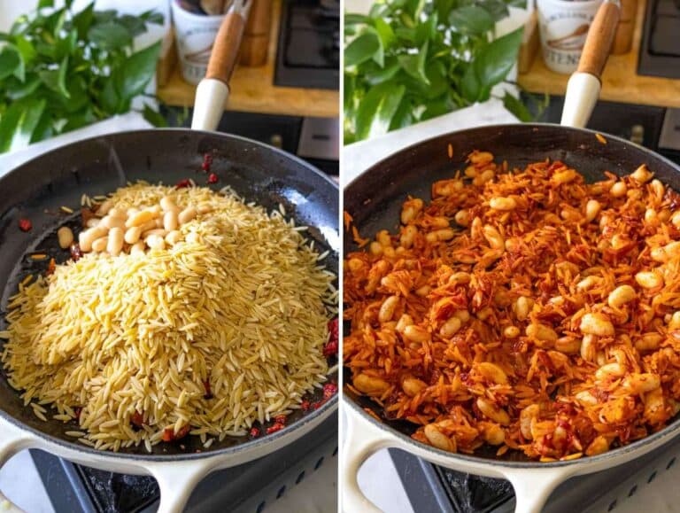 Orzo, beans, and sun-dried tomatoes sautéing together in skillet