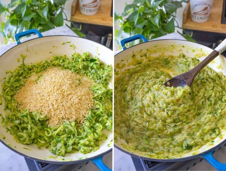 Orzo pasta toasting in a skillet then simmering in broth.