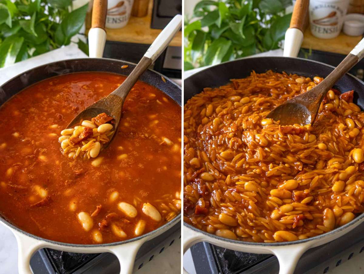Orzo simmering in broth in pan, partially absorbed, stirred with a wooden spoon.