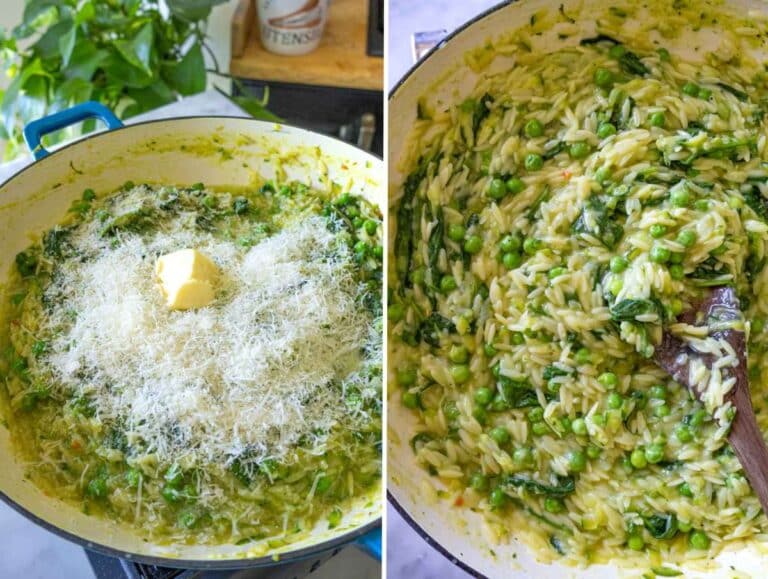 Parmesan and butter stirred into creamy orzo off the heat.