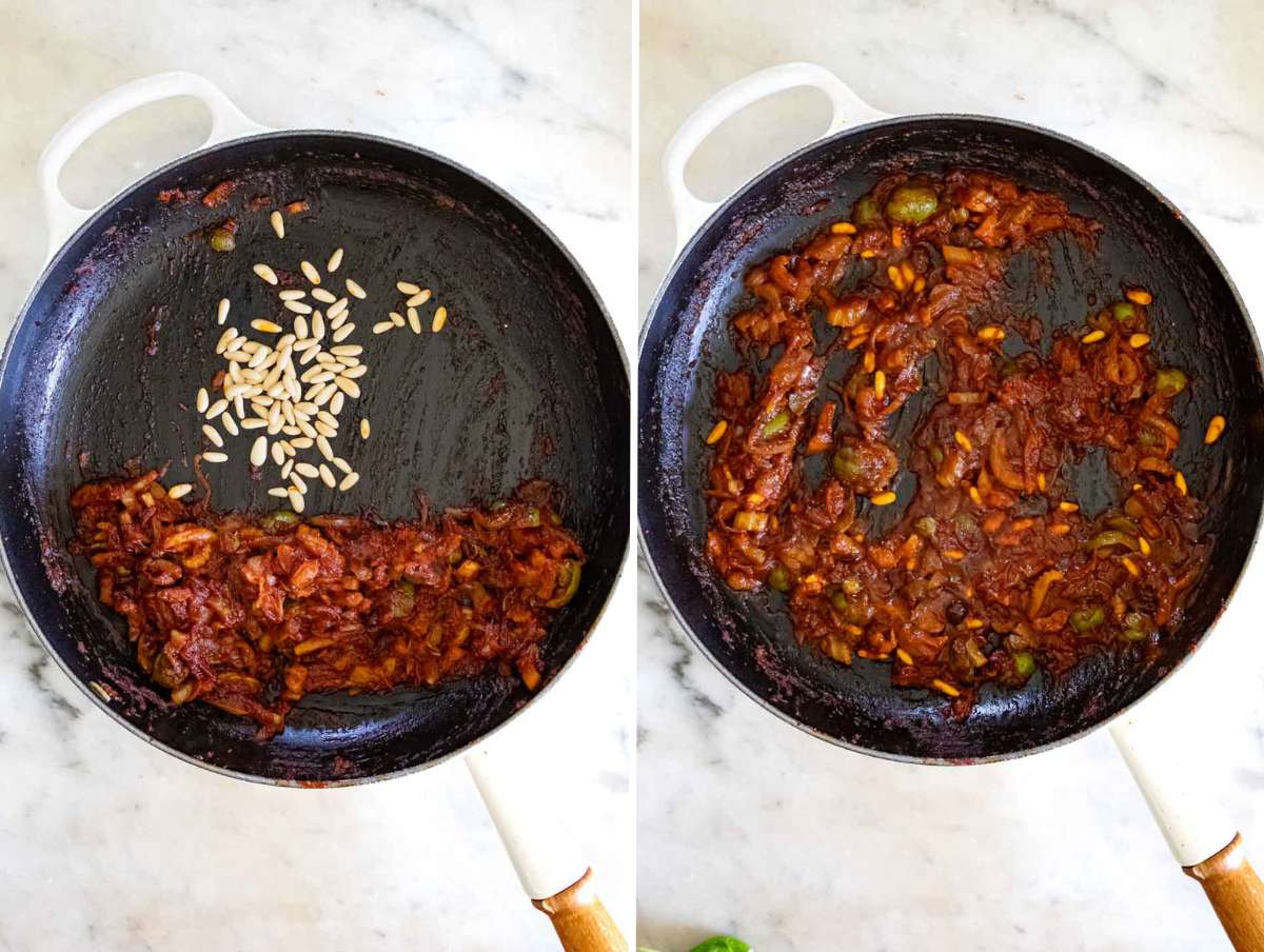 Pine nuts toasting in a skillet next to caponata sauce.