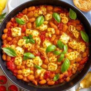 Saucy butter beans in a skillet with cherry tomatoes, and feta, topped with basil.