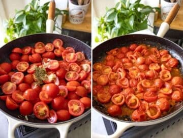 Sautéed cherry tomatoes in olive oil with garlic and herbs, bubbling in a hot skillet.
