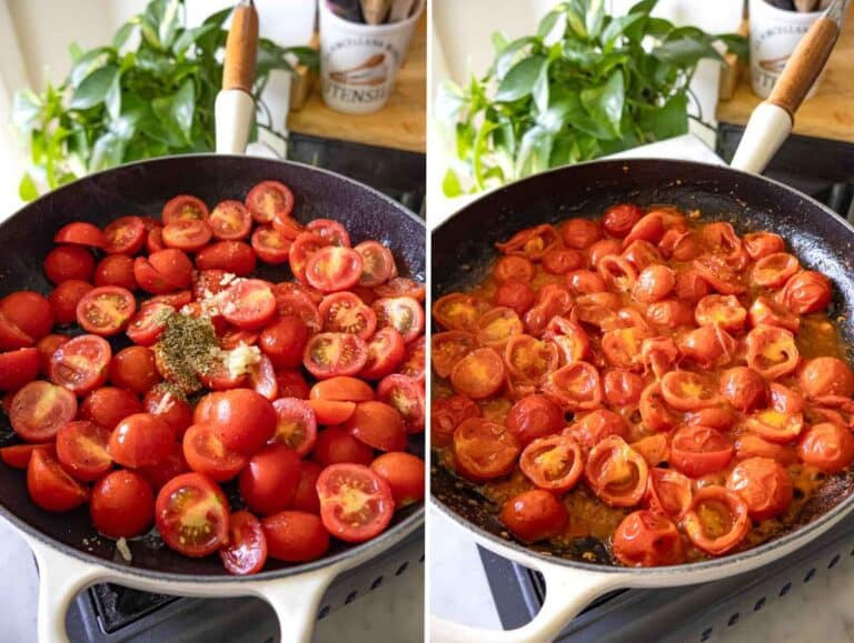 Sautéed cherry tomatoes in olive oil with garlic and herbs, bubbling in a hot skillet.