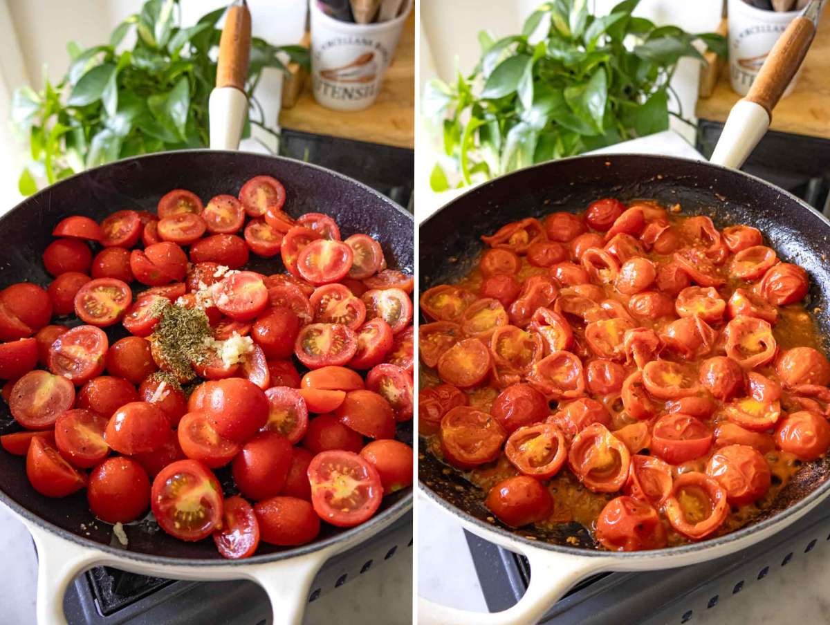 Sautéed cherry tomatoes in olive oil with garlic and herbs, bubbling in a hot skillet.