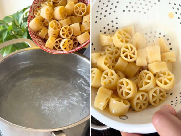 Short pasta boiling in a pot of salted water for cold pasta salad.