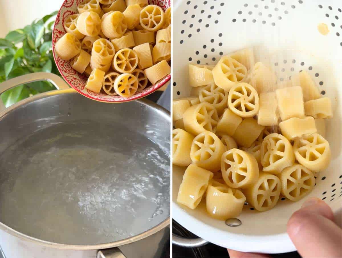 Short pasta boiling in a pot of salted water for cold pasta salad.