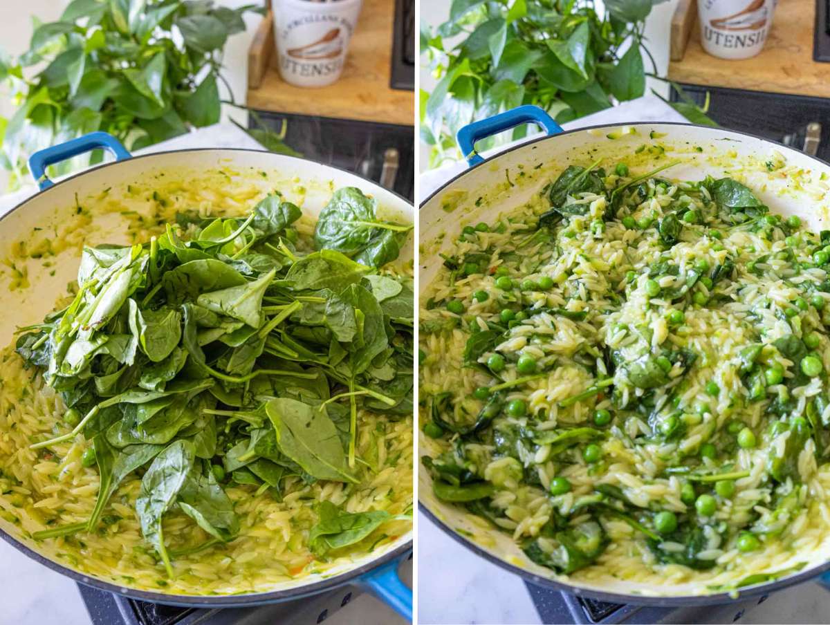 Spinach, peas, and lemon zest added to orzo in skillet.