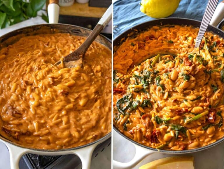 Spinach wilting into creamy orzo with parmesan melting in skillet