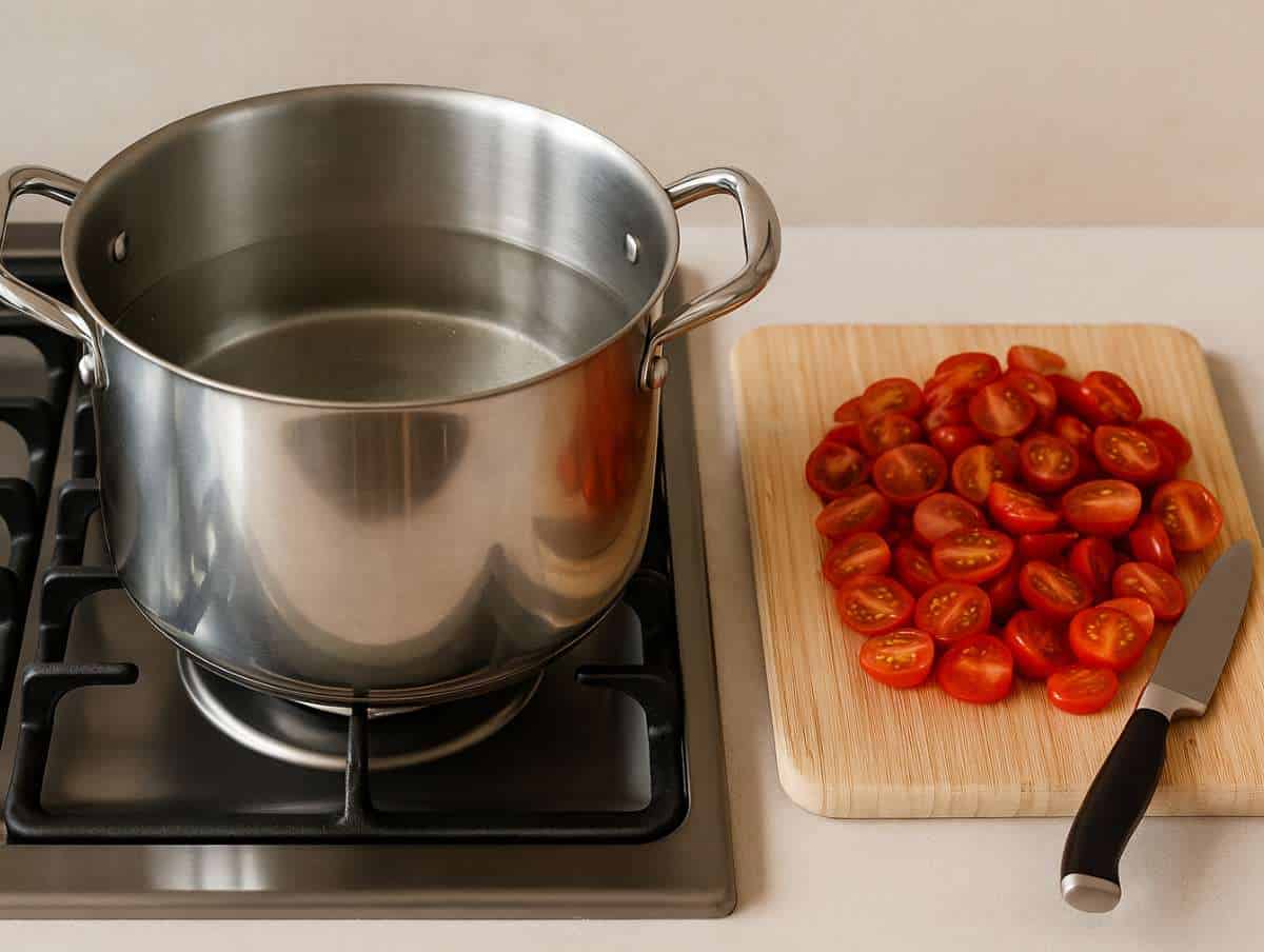 Step 1 Boiling pasta water with fresh cherry tomatoes halved and ready on the cutting board.