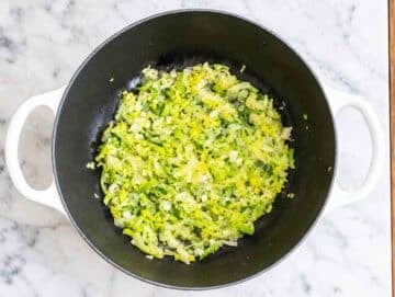 Step 1 Onion, scallions, leek, and garlic softening in olive oil.