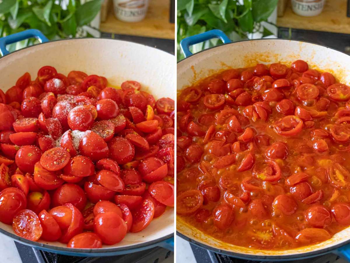 Step 2 Cherry tomatoes, garlic, and olive oil simmering in a skillet with red pepper flakes.