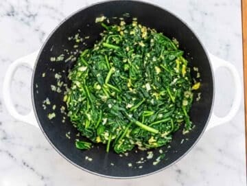 Step 2 Fresh spinach wilting with softened aromatics until tender and deep green.