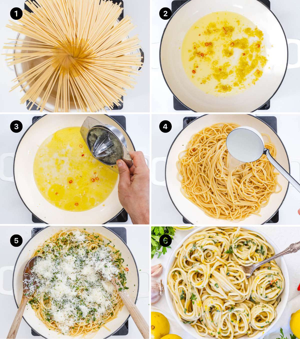 Step-by-step collage picture of lemon pasta without cream, from boiling pasta to mixing with lemon garlic sauce and serving.