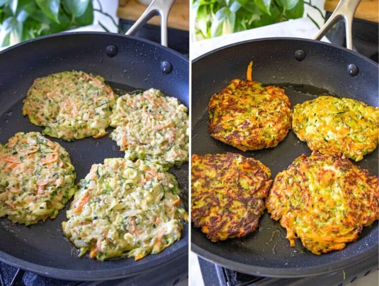 Zucchini patties frying in a nonstick skillet, golden and sizzling in olive oil.