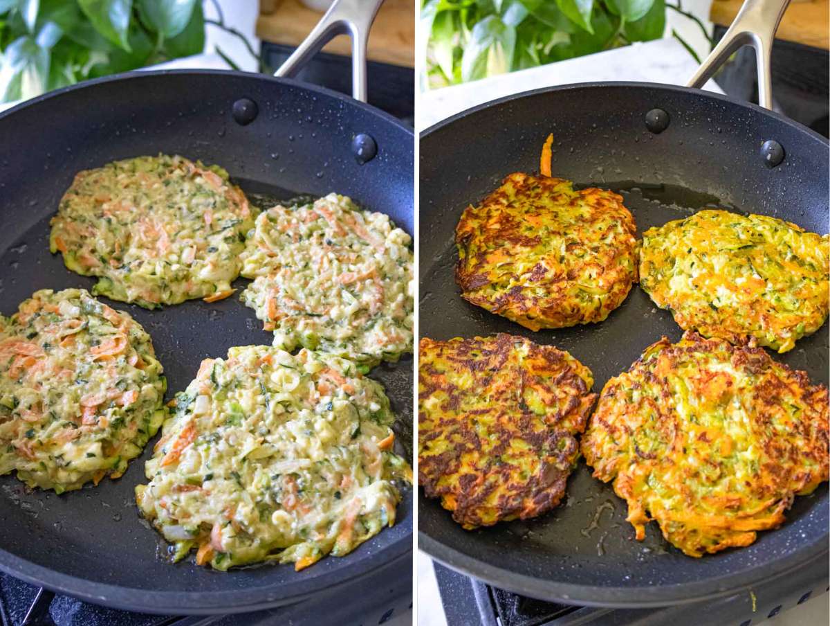 Zucchini patties frying in a nonstick skillet, golden and sizzling in olive oil.