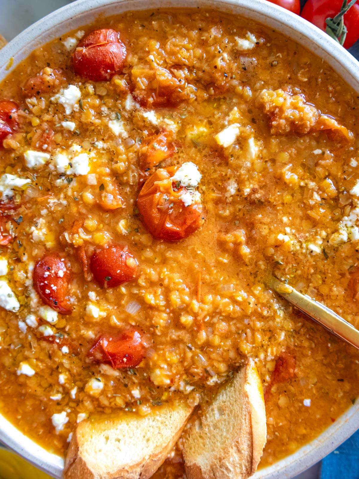 Close up bowl of tomato lentil soup with feta and lemon zest.