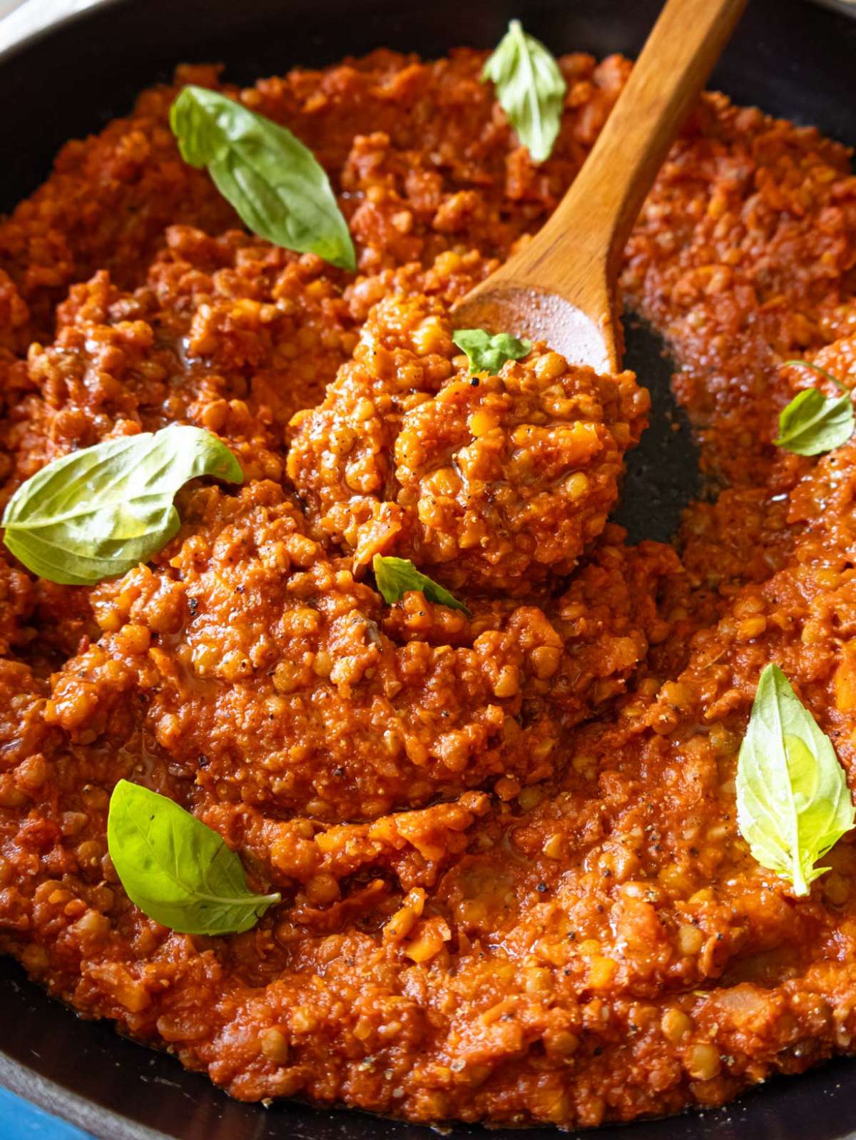 Easy lentil bolognese sauce in a skillet close to see texture.