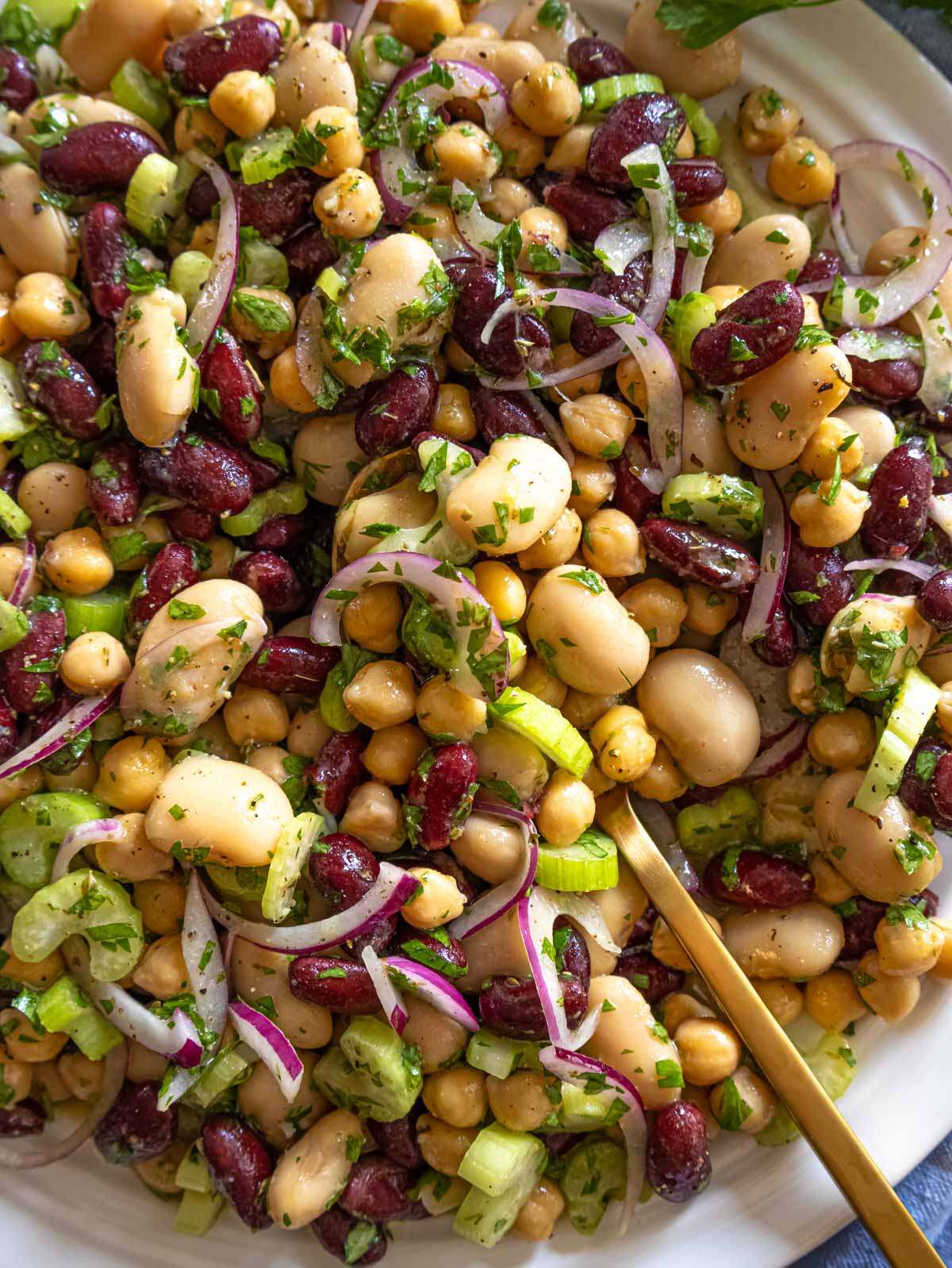 Fresh 3 bean salad recipe close up with parsley celery and onion.