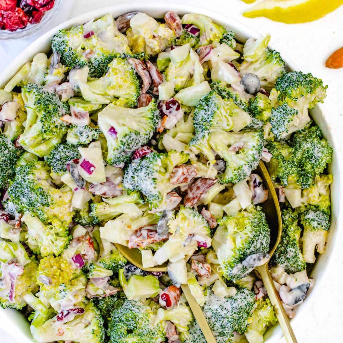 Fresh Mediterranean broccoli salad with yogurt dressing cranberries almonds and seeds on a table.