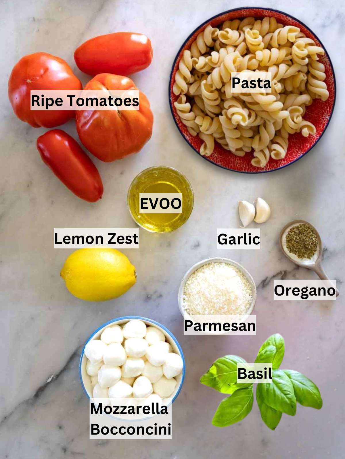 Fresh bruschetta pasta ingredients laid out including tomatoes garlic basil mozzarella and olive oil.