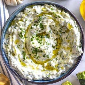 Fresh zucchini tzatziki dip in bowl with olive oil and herb garnish.