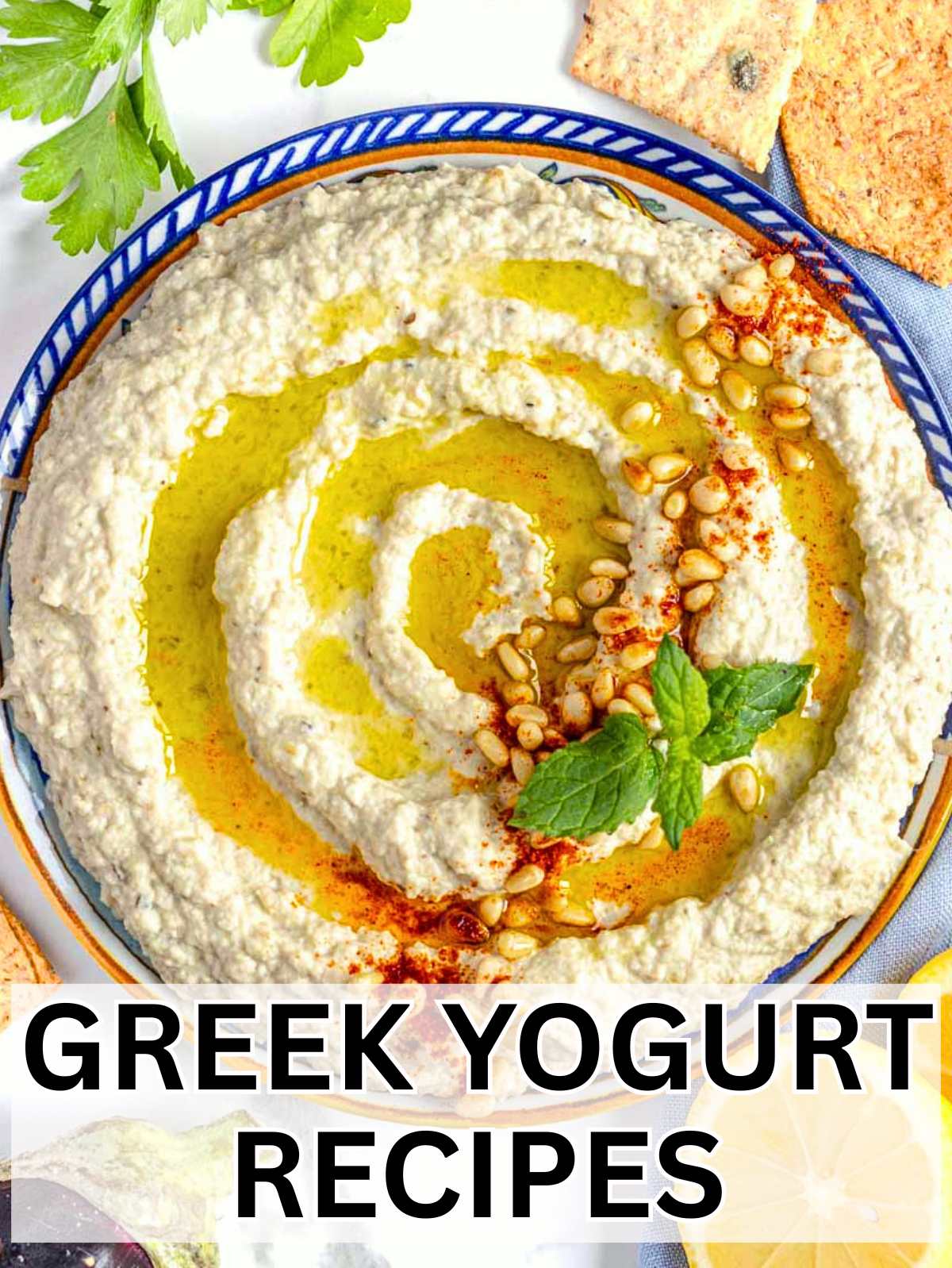 Greek yogurt recipes with eggplant dip and crackers