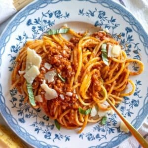 Healthy easy lentil bolognese pasta ready in thirty minutes.