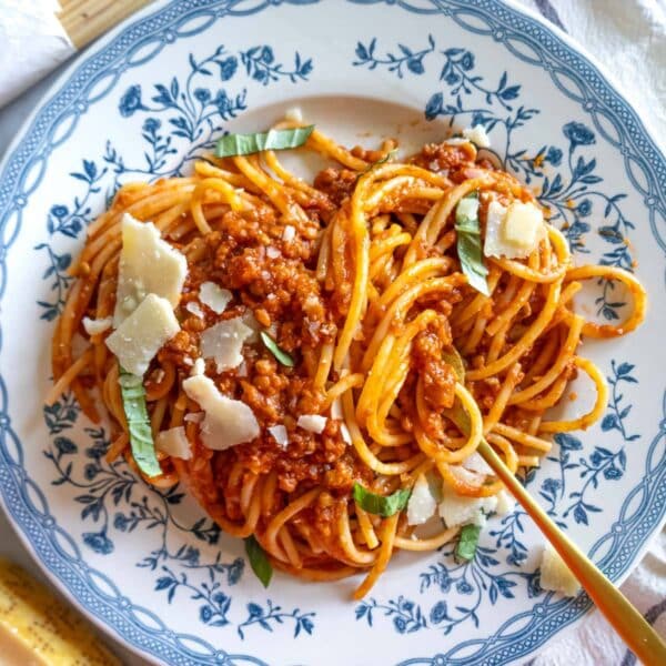 Healthy easy lentil bolognese pasta ready in thirty minutes.