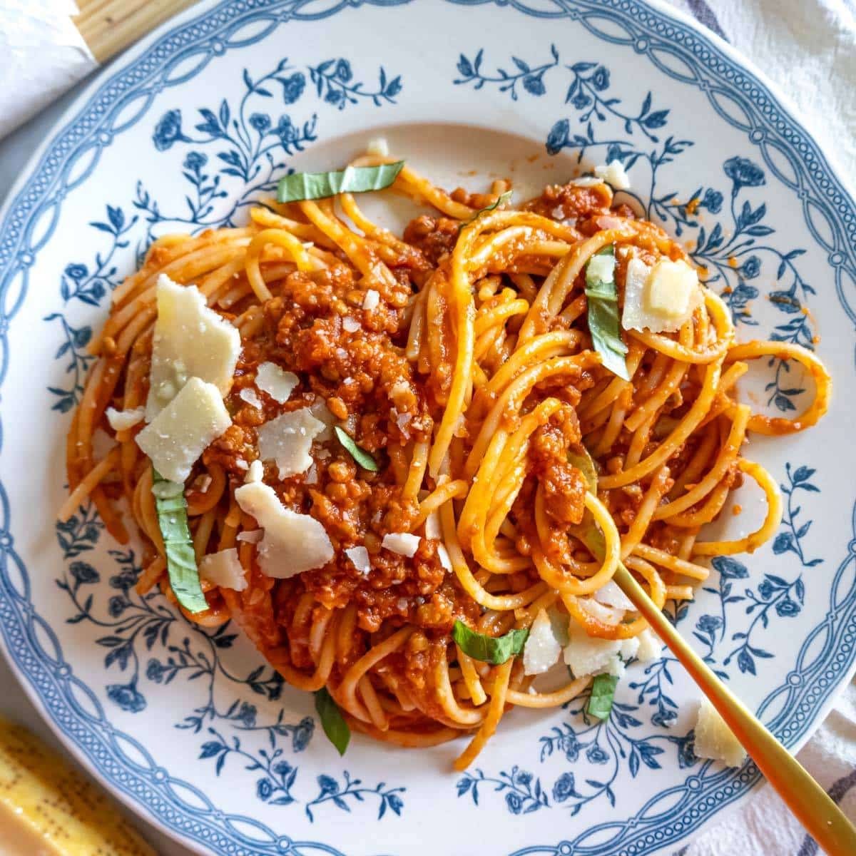 Healthy easy lentil bolognese pasta ready in thirty minutes.