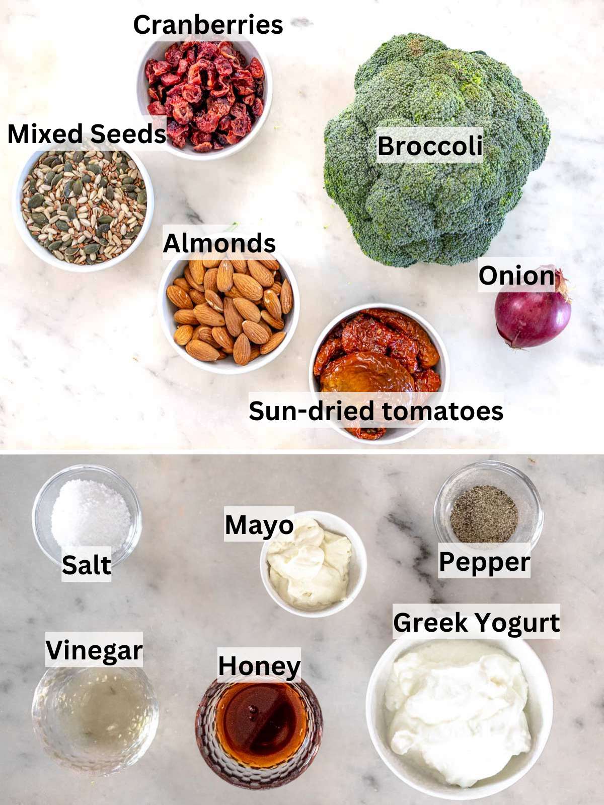 Ingredients for Greek yogurt broccoli salad with broccoli cranberries nuts seeds and yogurt.