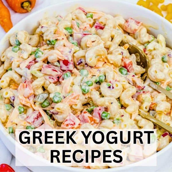 Recipes with Greek yogurt and a macaroni salad in a 45 degree angle.