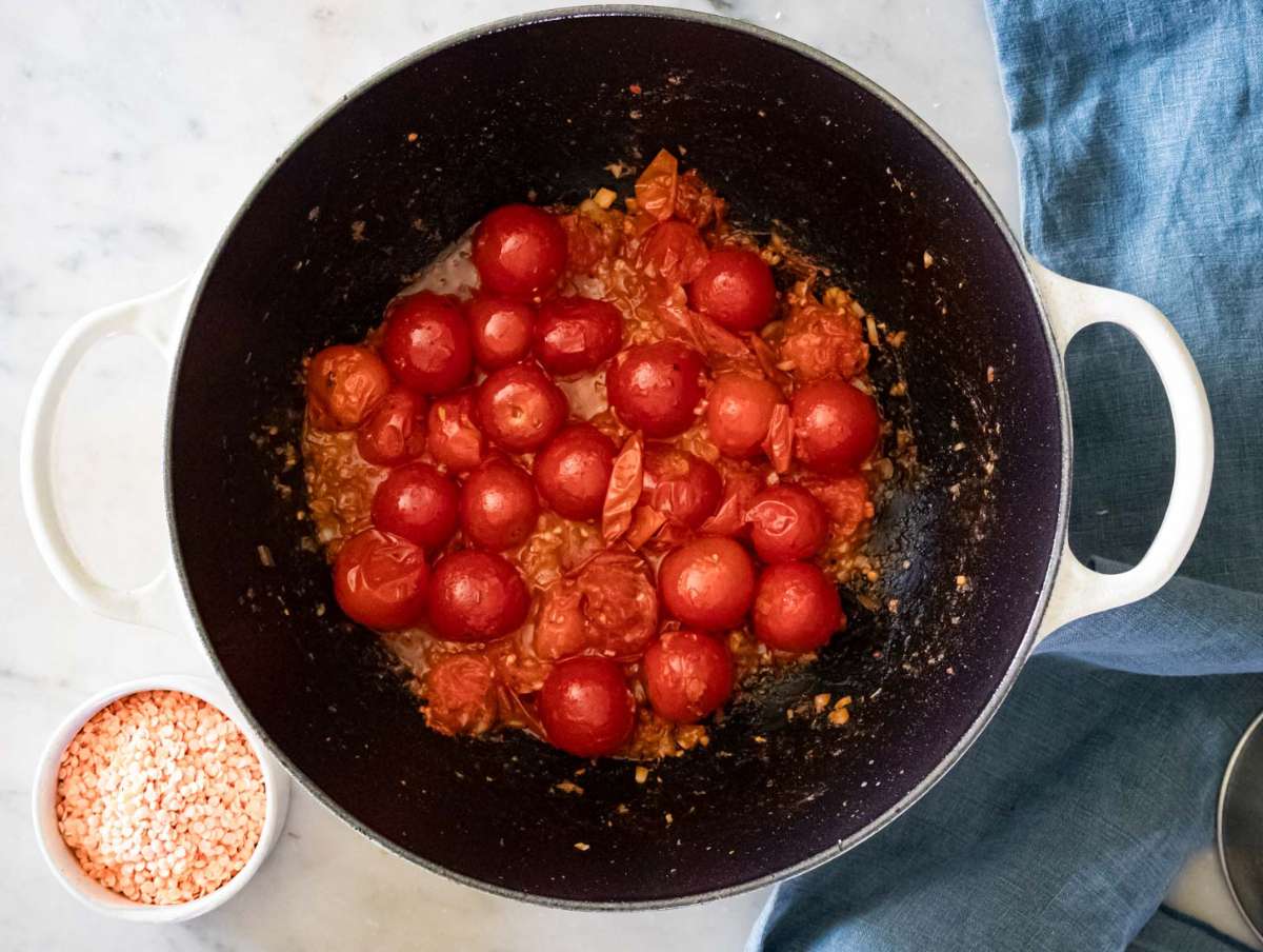 Step 2 Onions garlic oregano and chili flakes cooking with blistered tomatoes in pot.