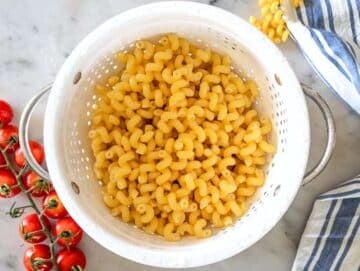 Step 2 pasta cooked al dente and drained in a colander.