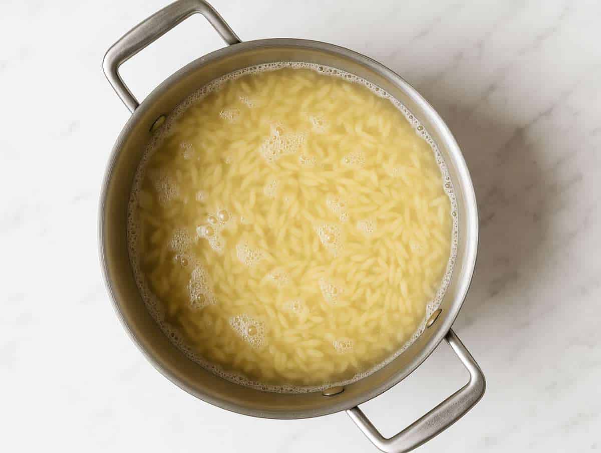 Step 3 Orzo Pasta boiling in a pot of salted water.