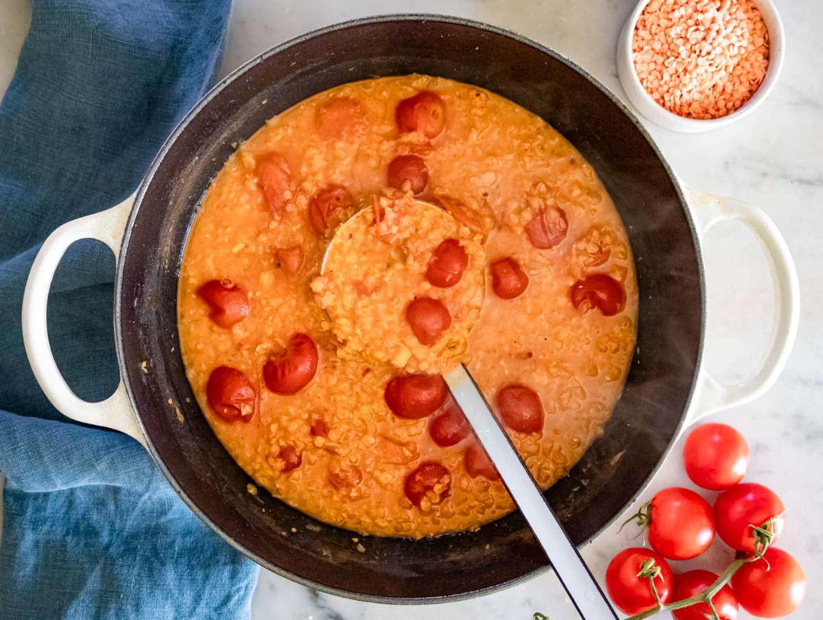 Step 3 Simmering red lentils in broth with tomatoes and spices until tender.