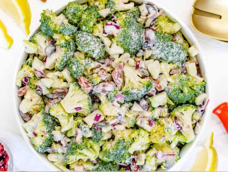 Step 4 Greek yogurt broccoli salad served in a large bowl.