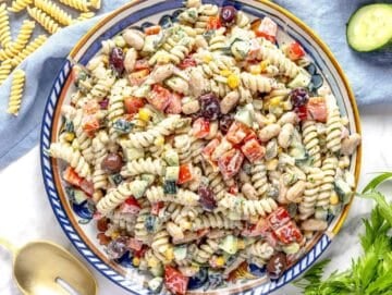 Step 4 pour dressing over pasta salad and toss until everything is coated creamy.